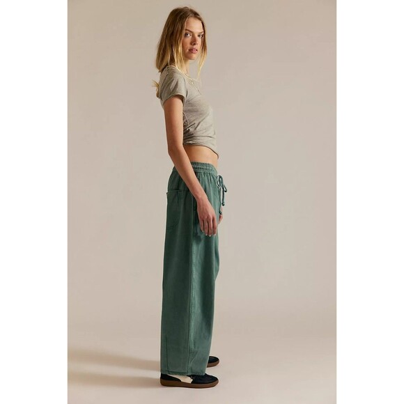 Free People Lex Barrel Pants Trousers Tapered Leg Cotton Pull On Olive L 282663 - Picture 3 of 9